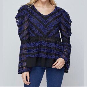 LUMIE Floral Lace Puff-Sleeve Mock Neck Top